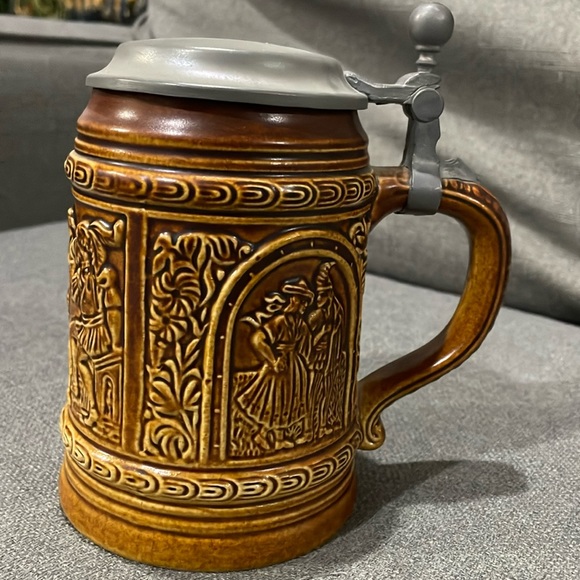 Vintage Beer Stein with Pewter Lid and Scene People drinking and dancing - Picture 1 of 15